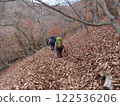 Climbers ascending Mount Kayagatake in Yamanashi Prefecture, where the trail is covered with fallen leaves 122536206