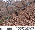 Climbers ascending Mount Kayagatake in Yamanashi Prefecture, where the trail is covered with fallen leaves 122536207