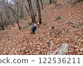 Climbers ascending Mount Kayagatake in Yamanashi Prefecture, where the trail is covered with fallen leaves 122536211