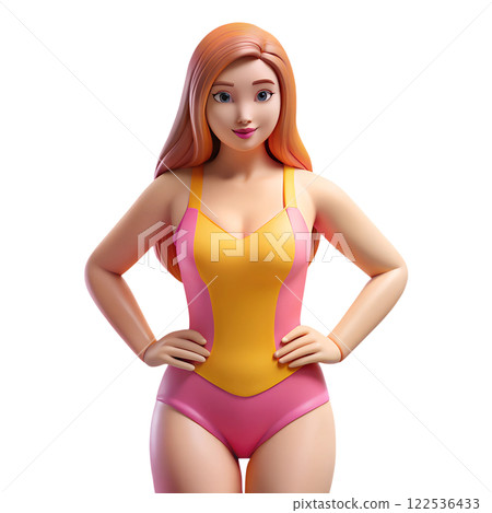 Young woman wearing pink and yellow swimsuit 3d illustration. Summer tive. Summer vacation 122536433