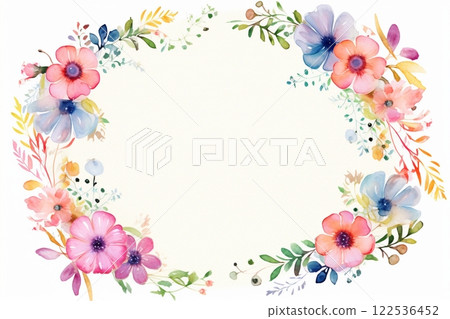 Vibrant watercolor flowers and leaves come together to create a symmetrical floral frame with two mirrored wreaths on a clean white background. Created with generative AI tools 122536452