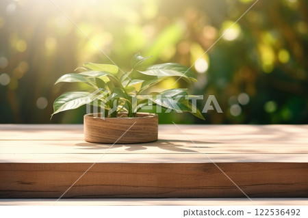 The juxtaposition of a wooden platform and a plant in the background adds to the natural ambiance. Created with generative AI tools 122536492