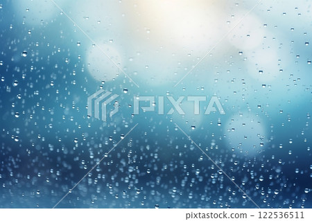 A captivating scene of abstract raindrops kissed by sunlight from the top, shaping a beautiful water background with room for presenting products or text. Created with generative AI tools 122536511