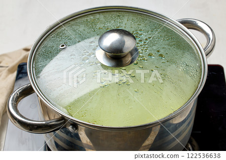 pot with a closed, dewy lid 122536638