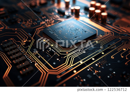 An in-depth look at an electronic circuit board, showcasing its many parts and a central processing unit. Created with generative AI tools 122536712