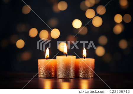 Three candles in full flame against an abstract black background, encouraging contemplation of a celebratory mood. It represents the festive concept, copy space. Created with generative AI tools 122536713