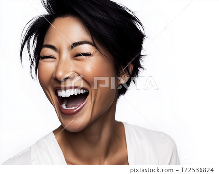 人工智慧生成的圖像:白色背景下一位大笑的年輕女子的肖像 人工智慧生成的圖像:白色背景下一位大笑的年輕女子的肖像 122536824