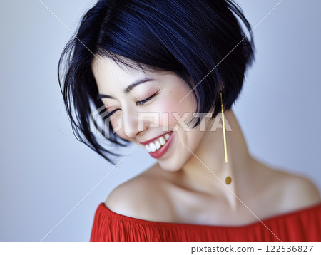 AI-generated image: Portrait of a young woman laughing with her head down 122536827