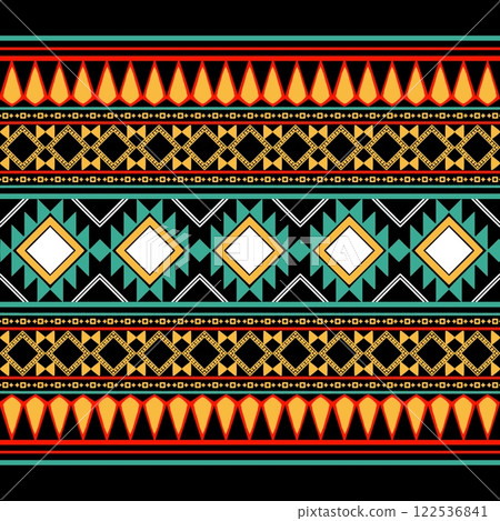 Arabian ethnic tribal fabric pattern features a geometric style with a unique blend of green and yellow tones, creating a classic yet modern ethnic . The ethnic color combination, set against a black  122536841