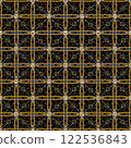 Arabian ethnic tribal fabric pattern showcases a geometric design in vibrant yellow tones, ethnic tradition with modern artistic innovations. The striking contrast against a black background ethnic  122536843