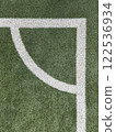 Aerial view of the corner arc of a soccer court 122536934