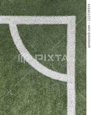 Aerial view of the corner arc of a soccer court Aerial view of the corner arc of a soccer court 122536934