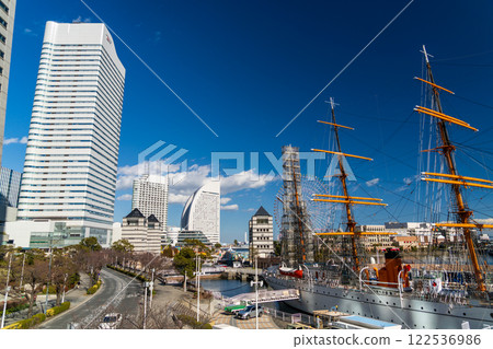 Sailing ship in the blue sky 122536986