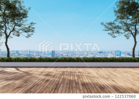 Modern contemporary empty wooden terrace with city view background and clear blue sky for copy space 3d render Modern contemporary empty wooden terrace with city view background and clear blue sky for copy space 3d render 122537060