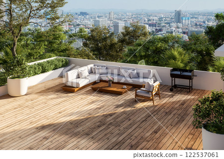 Modern contemporary wooden rooftop terrace with city view background 3d render Modern contemporary wooden rooftop terrace with city view background 3d render 122537061