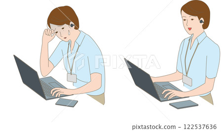 A woman working on a laptop. Illustration of a tired woman and a lively woman 122537636