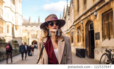 A young woman strolls through a lively city street with stunning historic architecture A young woman strolls through a lively city street with stunning historic architecture 122537647