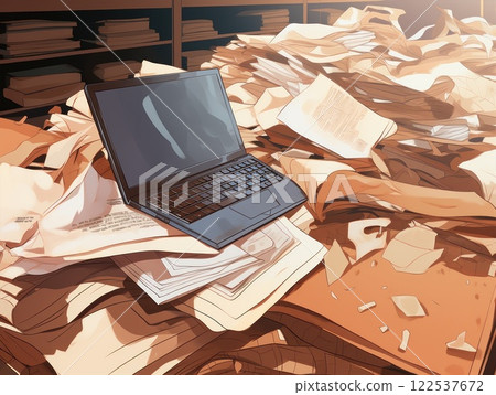 Laptop computer surrounded by a messy desk covered in paperwork, reflecting a stressful work environment and the pressure of deadlines 122537672