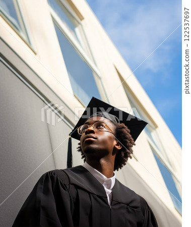 Exciting Graduation Celebration Taking Place Outside a Beautiful Historic Building. A black student graduates from university 122537697