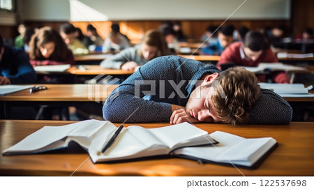 Exhausted college student caught napping at desk during university lecture, overwhelmed by heavy workload and sleep deprivation 122537698