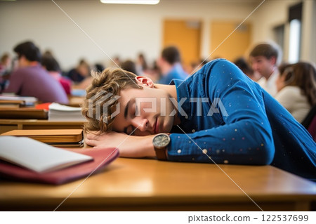 Exhausted college student caught napping at desk during university lecture, overwhelmed by heavy workload and sleep deprivation 122537699