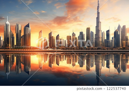 Modern city skyline at sunset with skyscrapers reflecting on calm water, showcasing vibrant urban architecture. 122537740