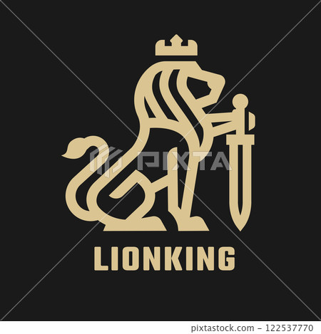 Lion king with sword logo on a dark background. 122537770