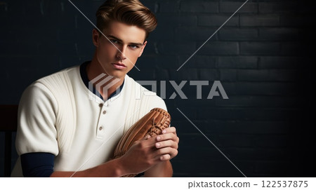 Young male baseball player preparing for a game in a locker room, holding a glove with a dark brick wall in the background 122537875
