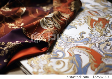 Fashion designer's creative process, creating new clothes with sketches, fabrics, candles, and sewing threads in the workplace 122537904