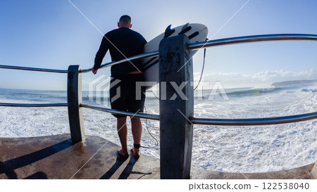 Surfer Jumping Entry Pier Ocean Surfing Surfer Jumping Entry Pier Ocean Surfing 122538040