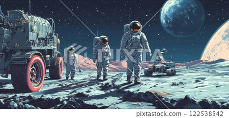 Astronauts exploring lunar surface with rover and earth in background under stunning starry sky 122538542