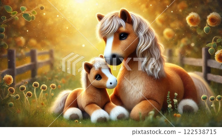 一片溫暖的風景,牧場上有一匹馬和它的玩具,被夕陽照亮 一片溫暖的風景,牧場上有一匹馬和它的玩具,被夕陽照亮 122538715