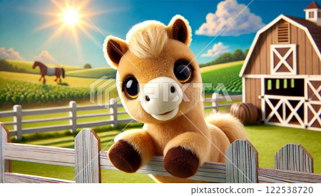 A cute stuffed horse leaning against a ranch fence under a blue sky 122538720