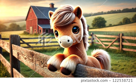 A cute stuffed horse leaning against a ranch fence and a peaceful rural scene 122538721