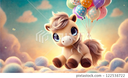 A flying horse toy suspended from colorful balloons and a fantastical cloud world 122538722