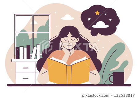 Young woman reading a book and imaging fantasy worlds vector illustration 122538817