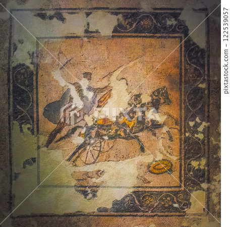 Naples, Italy - November 18, 2024: Fragment of historical ancient Roman mosaic circa 100 BC . Archaeological artifact from an excavated house in the buried volcano Vesuvius, Pompeii. 122539057