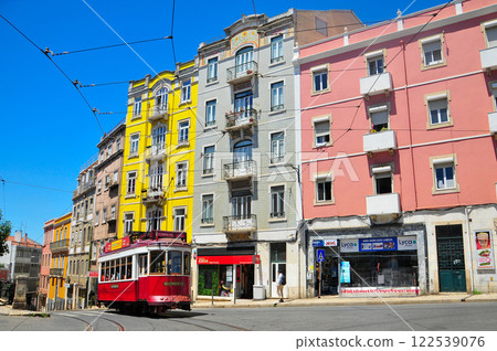 Beautiful scenery of a retro tram running through Lisbon, the capital of Portugal 122539076