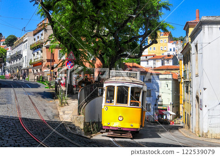 Beautiful scenery of a retro tram running through Lisbon, the capital of Portugal Beautiful scenery of a retro tram running through Lisbon, the capital of Portugal 122539079