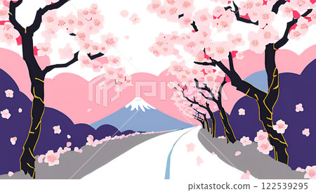 浮世繪的絕美風景：富士山的色彩與天空中飄落的櫻花 122539295