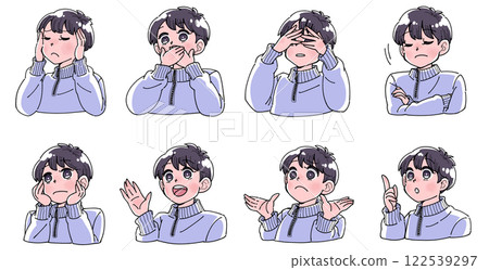 Illustration set of a boy with various expressions and reactions 122539297