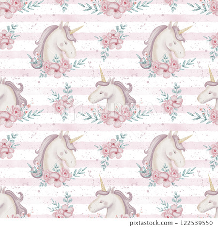 Seamless watercolor Pattern with Unicorns surrounded by pink Flowers on a striped pastel background. Childish backdrop with floral horse and botanical elements for children textile designs or wall art Seamless watercolor Pattern with Unicorns surrounded by pink Flowers on a striped pastel background. Childish backdrop with floral horse and botanical elements for children textile designs or wall art 122539550