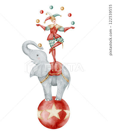 Circus watercolor illustration with Clown juggling on Elephant standing on red ball with stars. Drawing with Jester and cute Carnival animal for Performance poster or childish party invitations. 122539555
