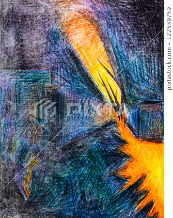 handdrawn bright sunset light between urban houses 122539759