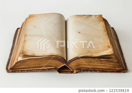 Antique book with yellowed pages and worn cover resting open on plain surface Antique book with yellowed pages and worn cover resting open on plain surface 122539819