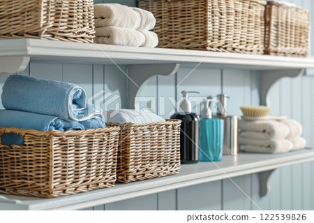 Organized bathroom shelves display neatly folded towels and decorative storage baskets in a serene, light blue space Organized bathroom shelves display neatly folded towels and decorative storage baskets in a serene, light blue space 122539826