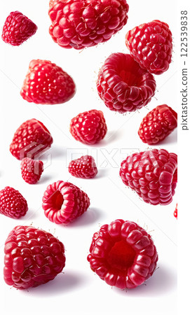 Ripe red raspberries falling against white background create vibrant and fresh display Ripe red raspberries falling against white background create vibrant and fresh display 122539838