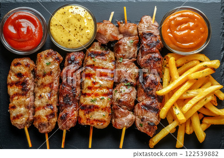 Grilled skewers with various sauces and golden fries served on dark platter 122539882