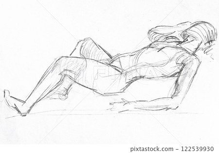hand-drawn sketch of side view of lying male model 122539930