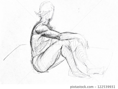 hand-drawn sketch of side view of sitting model 122539931